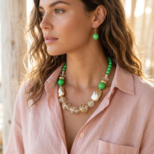 Load image into Gallery viewer, Bright Green Gold Flake Marble Beaded Necklace
