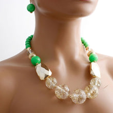 Load image into Gallery viewer, Bright Green Gold Flake Marble Beaded Necklace
