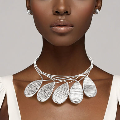 Bib Silver Metal Wire Teardrop Sculpted Necklace