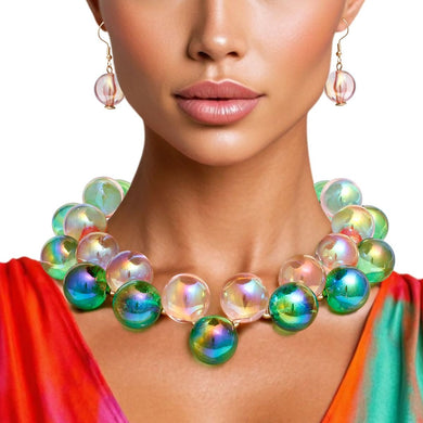 Necklace Pink Green Iridescent Bubble Ball Bead