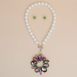 Toggle Pearl Pink Green Crystal Pendant Necklace