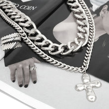 Load image into Gallery viewer, Chain Silver Hammered Cross Pendant Layer Necklace
