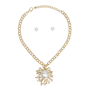 Pendant Branched Gold Cream Pearl Chain Necklace