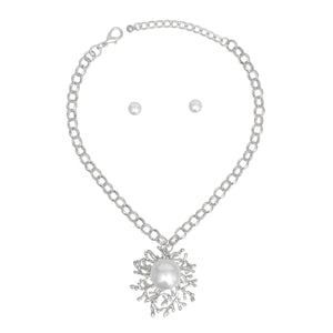 Pendant Branched Silver White Pearl Chain Necklace