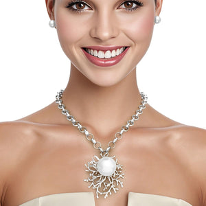 Pendant Branched Silver White Pearl Chain Necklace