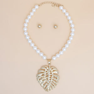Cream Pearl Gold Palm Leaf Pendant Necklace