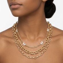 Load image into Gallery viewer, Gold Mixed Chain Stone Butterfly 3 Layer Necklace
