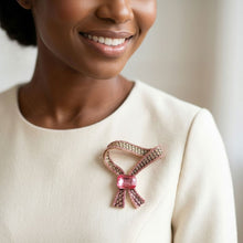 Load image into Gallery viewer, Antique Gold Pink Crystal Woven Ribbon Brooch
