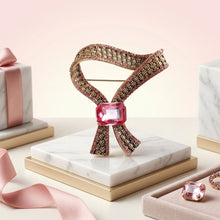 Load image into Gallery viewer, Antique Gold Pink Crystal Woven Ribbon Brooch
