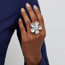 Load image into Gallery viewer, Cocktail Ring Silver Teardrop Crystal Flower Design
