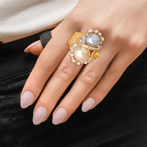 Cocktail Ring Gold Double Colored Pearl for Women