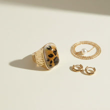 Load image into Gallery viewer, Domed Brown Leopard Stretch Gold Cocktail Ring
