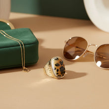 Load image into Gallery viewer, Domed Brown Leopard Stretch Gold Cocktail Ring

