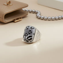Load image into Gallery viewer, Domed Gray Leopard Stretch Silver Cocktail Ring

