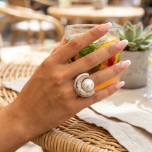 Load image into Gallery viewer, Chunky Silver Textured Crescent Pearl Ring
