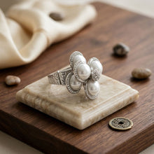 Load image into Gallery viewer, Cocktail Silver Stacked Pearl Dome Pave Ring
