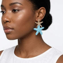 Load image into Gallery viewer, Aqua Blue Raffia Starfish Drop Earrings
