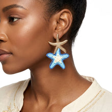 Load image into Gallery viewer, Layered Blue Raffia Starfish Drop Earrings
