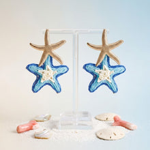 Load image into Gallery viewer, Layered Blue Raffia Starfish Drop Earrings
