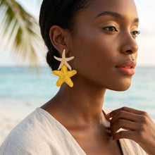Load image into Gallery viewer, Sunny Yellow Raffia Starfish Drop Earrings

