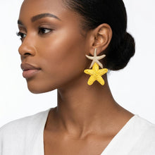Load image into Gallery viewer, Sunny Yellow Raffia Starfish Drop Earrings
