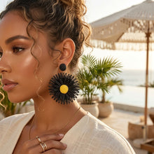 Load image into Gallery viewer, Looped Rich Black Raffia Sunflower Drop Earrings
