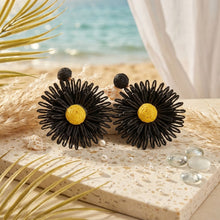 Load image into Gallery viewer, Looped Rich Black Raffia Sunflower Drop Earrings
