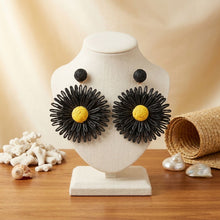 Load image into Gallery viewer, Looped Rich Black Raffia Sunflower Drop Earrings
