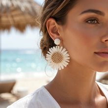 Load image into Gallery viewer, Looped Ivory Straw Raffia Sunflower Drop Earrings
