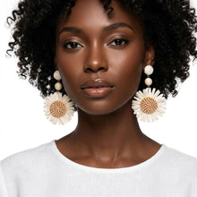 Load image into Gallery viewer, Looped Ivory Straw Raffia Sunflower Drop Earrings
