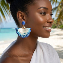 Load image into Gallery viewer, Layered Fanned Blue Raffia Drop Earrings
