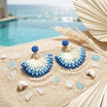 Load image into Gallery viewer, Layered Fanned Blue Raffia Drop Earrings
