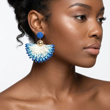 Load image into Gallery viewer, Layered Fanned Blue Raffia Drop Earrings
