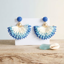 Load image into Gallery viewer, Layered Fanned Blue Raffia Drop Earrings
