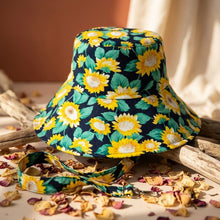 Load image into Gallery viewer, Navy Sunflower Chin Tie Bucket Hat
