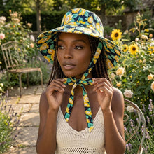 Load image into Gallery viewer, Navy Sunflower Chin Tie Bucket Hat
