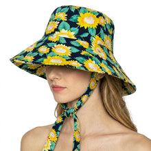 Load image into Gallery viewer, Navy Sunflower Chin Tie Bucket Hat
