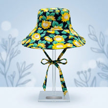 Load image into Gallery viewer, Navy Sunflower Chin Tie Bucket Hat
