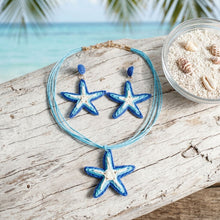 Load image into Gallery viewer, Aqua Blue Starfish Raffia Pendant Necklace Set
