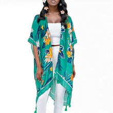 Load image into Gallery viewer, Green Tropical Floral Tassel Kimono
