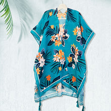 Load image into Gallery viewer, Turquoise Tropical Floral Tassel Kimono
