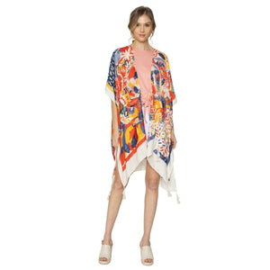 Red Mixed Pattern Tassel Kimono