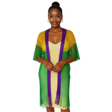 Load image into Gallery viewer, Kimono Lurex Stripe Purple Gold Green Fringe
