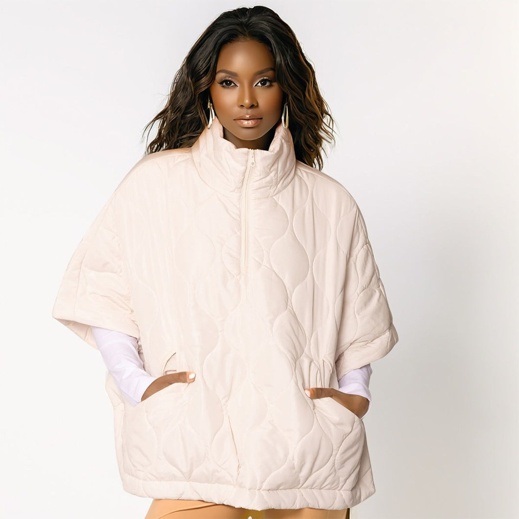 Ivory Quilted Puffer Half Zip Poncho for Women