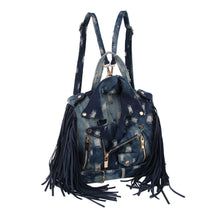 Load image into Gallery viewer, Moto Backpack Dark Distressed Denim Handbag
