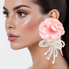 Load image into Gallery viewer, Dangle Pink Petal Flower Pearl Bow Long Earrings
