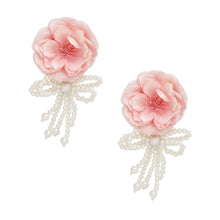 Load image into Gallery viewer, Dangle Pink Petal Flower Pearl Bow Long Earrings
