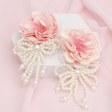 Load image into Gallery viewer, Dangle Pink Petal Flower Pearl Bow Long Earrings
