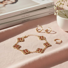 Load image into Gallery viewer, Red Encrusted Quatrefoil 5 Motif Chain Bracelet
