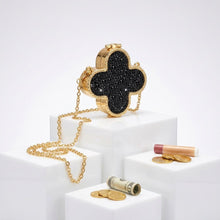 Load image into Gallery viewer, Mini Black Quatrefoil Sparkle Crossbody Compact
